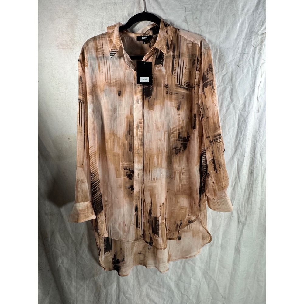 DKNY Womens Abstract Print High Low Tunic Button Down Shirt Tan P4AMVK72 M